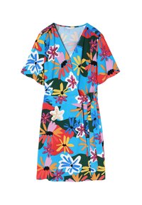 Sininen kukkamekko, jossa on lyhyet hihat ja kietaisumalli, jossa monivärisiä kukkia vaaleanpunaisina, keltaisina ja oransseina vihreällä taustalla.
