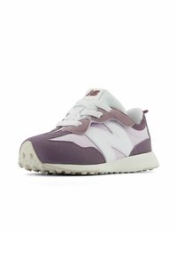 Purple and white sneakers feature suede and mesh materials, rounded toe, white laces, and a textured rubber sole with grips.