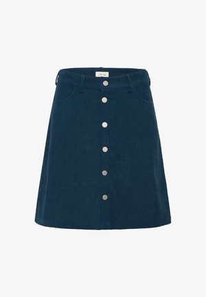 Zila korduroja A formas svārki ar priekšējo pogu aizdari, sānu kabatām un teksturētu ribu rakstu.