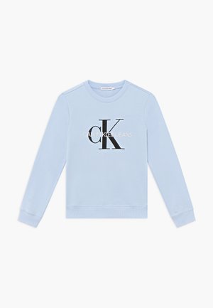 Hellblauer Sweatshirt aus Baumwolle mit rundem Ausschnitt. Verfügt über ein großes schwarzes "CK"-Logo und weißen Schriftzug "CALVIN KLEIN JEANS".
