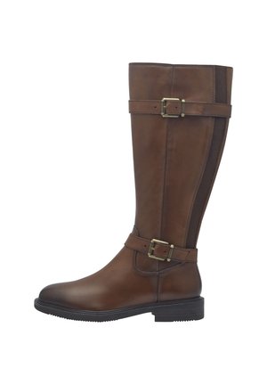 Botte en cuir marron jusqu'au genou avec un bout rond, des accents de boucle et des panneaux latéraux en élasthanne. Semelle texturée pour une meilleure adhérence.