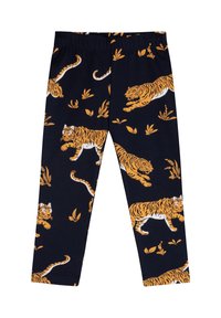 Leggings realizzati in morbido tessuto con uno sfondo blu scuro, decorati con tigri arancioni e motivi di fogliame verde. Cavallo elastico.