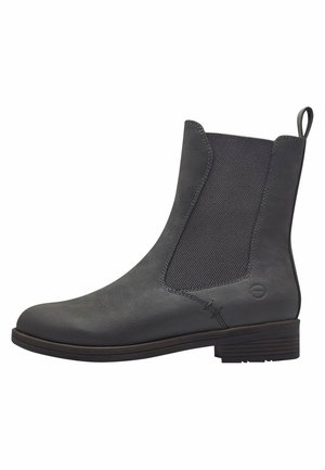 Botas de tobillo grises con un upper de cuero liso, paneles laterales elásticos y un tacón bajo cuadrado con detalles de costura en contraste.