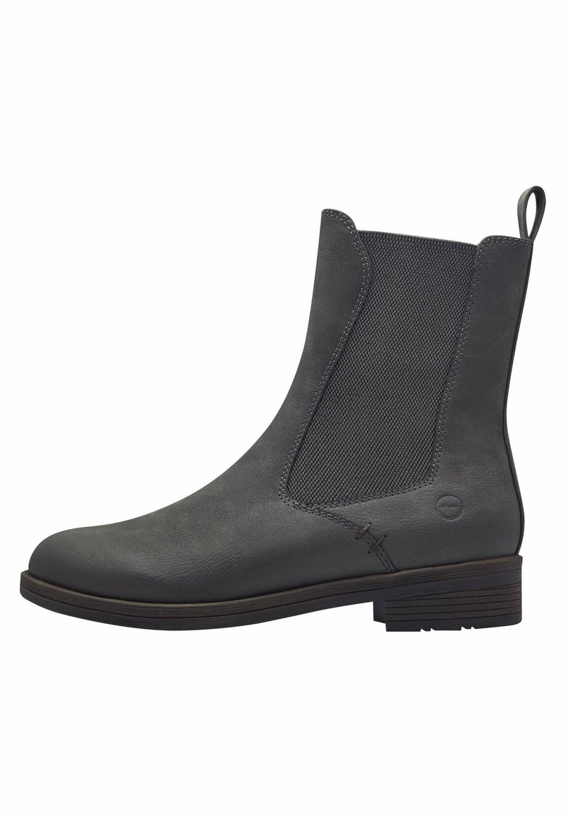 Bottines grises avec un dessus en cuir lisse, des panneaux latéraux élastiques et un petit talon bloc avec des détails de couture contrastés.