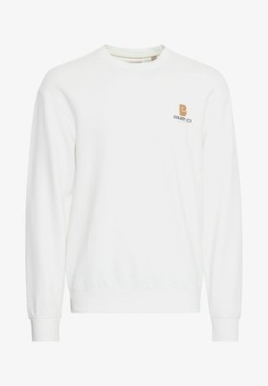 Valge sweatshirt pehmest, tekstuurses kangas. Omab ümarat kaela, pikki varrukaid ning väikest pruuni logo vasakul rinnal.