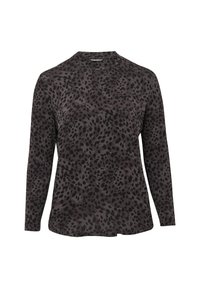 Brązowa bluzka z długim rękawem, ozdobiona nieregularnymi czarnymi cętkami w wzór lamparta, z okrągłym dekoltem i luźnym krojem.