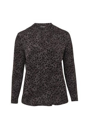Haut brun à manches longues avec taches léopard noires irrégulières, col rond et coupe décontractée.
