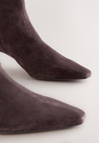 Suede ankle boots in dark purple with a pointed toe, sleek silhouette, and smooth texture, featuring a side zipper for ease of wear.