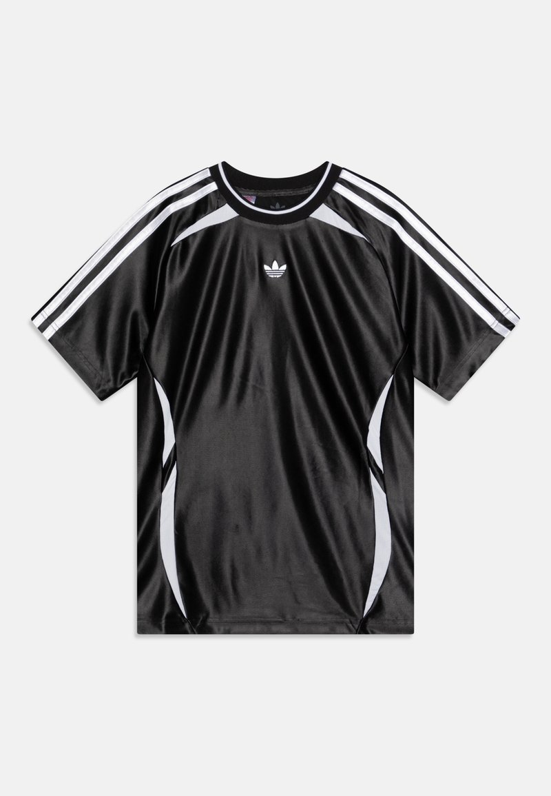 Czarna sportowa koszulka Adidas z krótkim rękawem, białe paski na ramionach i bokach oraz małe logo Adidas na środku klatki piersiowej.