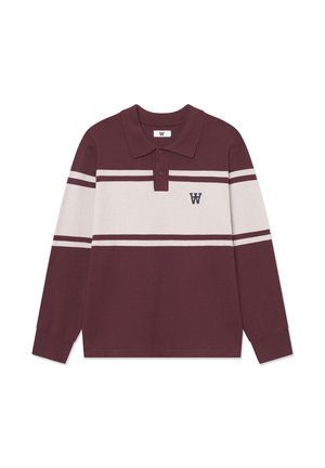 Langærmet burgunder polo-shirt med hvide vandrette striber, to knapper og et sort "W" logo på venstre bryst.