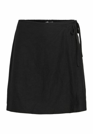 Jupe portefeuille noire avec fermeture par nœud sur le côté et taille élastiquée, longueur genou, en tissu léger.