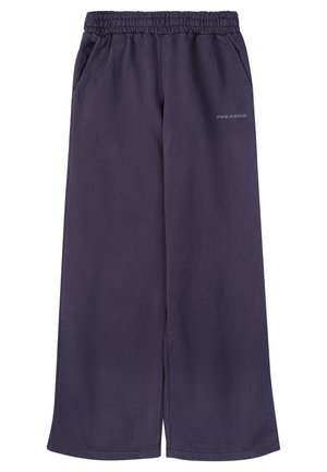 Lilla bukser med vide ben, elastisk talje, sidelommer og et trykt logo. Fremstillet af blødt stof med en glat tekstur.