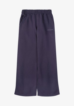 Lilla bukser med vide ben, elastisk talje, sidelommer og et trykt logo. Fremstillet af blødt stof med en glat tekstur.