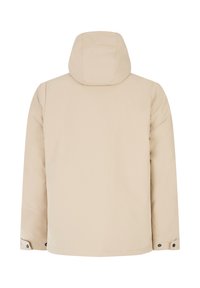 Vaahtojohtinen beige-takkia, jossa on irrotettava huppu, sileä rakenne, säädettävät hihansuut ja minimalistinen muotoilu. Malleissa on nepparit helmassa.