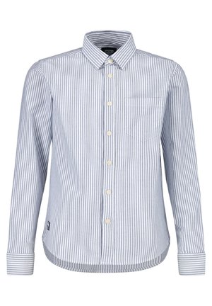 Langærmet lyseblå og hvid skjorte med vertikale striber, knapper foran, brystlomme og klassisk krave.