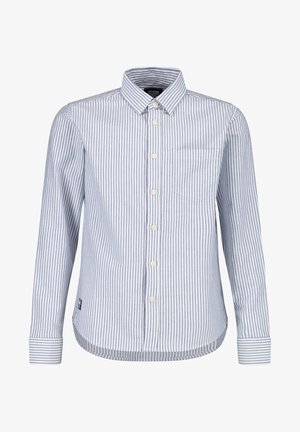 Lichtblauw en wit gestreept overhemd met lange mouwen, verticale strepen, een borstzak en een klassieke kraag.
