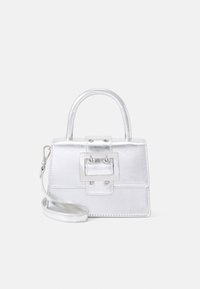 Silver metallic handbag with a structured design, featuring a top handle, detachable shoulder strap, and a rectangular buckle detail.