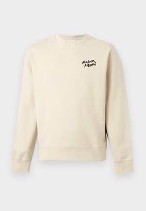 Beige crewneck sweatshirt with long sleeves and black "Maison Kitsuné" text logo on the left chest.