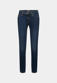 Jean slim bleu foncé avec bouton et fermeture éclair à l’avant, doté de poches avant et arrière, ainsi que de passants pour ceinture.