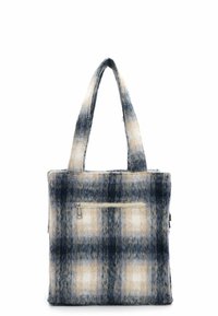 Wolltragetasche mit einem blau-creme karierten Muster, ausgestattet mit zwei stabilen Griffen und einer vorderen Reißverschlusstasche.