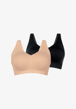 Due reggiseni wireless senza cuciture, uno nude e uno nero, entrambi con spalline larghe e tessuto morbido, mostrati su sfondo bianco.