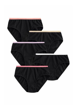 Fem sorte dameunderbukser med linninger i pink, beige og lavendel nuancer arrangeret i to rækker på hvid baggrund.