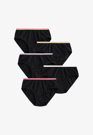 Päť čiernych dámskych nohavičiek s pásmi v odtieňoch ružovej, béžovej a levandule zoradených do dvoch radov na bielom pozadí.