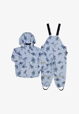 Blå regnjakke og overalls sæt, med astronaut- og rakettryk i navy. Justerbare stropper og elastiske manchetter for en sikker pasform.