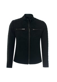Giacca nera con collo alto, maniche lunghe, due tasche frontali con zip e dettagli texturizzati lungo le spalle.