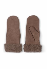 Mittens marroni in morbido suede con un polsino testurizzato e peloso, dotati di una sezione per il pollice separata per una maggiore destrezza.
