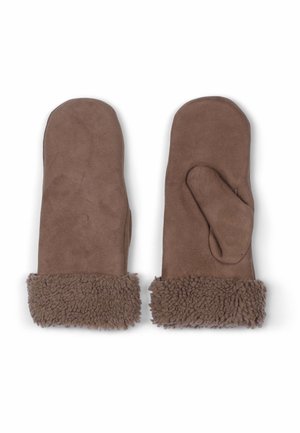 Brune votter laget av myk semsket skinn med en teksturert, fluffy mansjett, og med en separat tommelseksjon for bedre fingerferdighet.