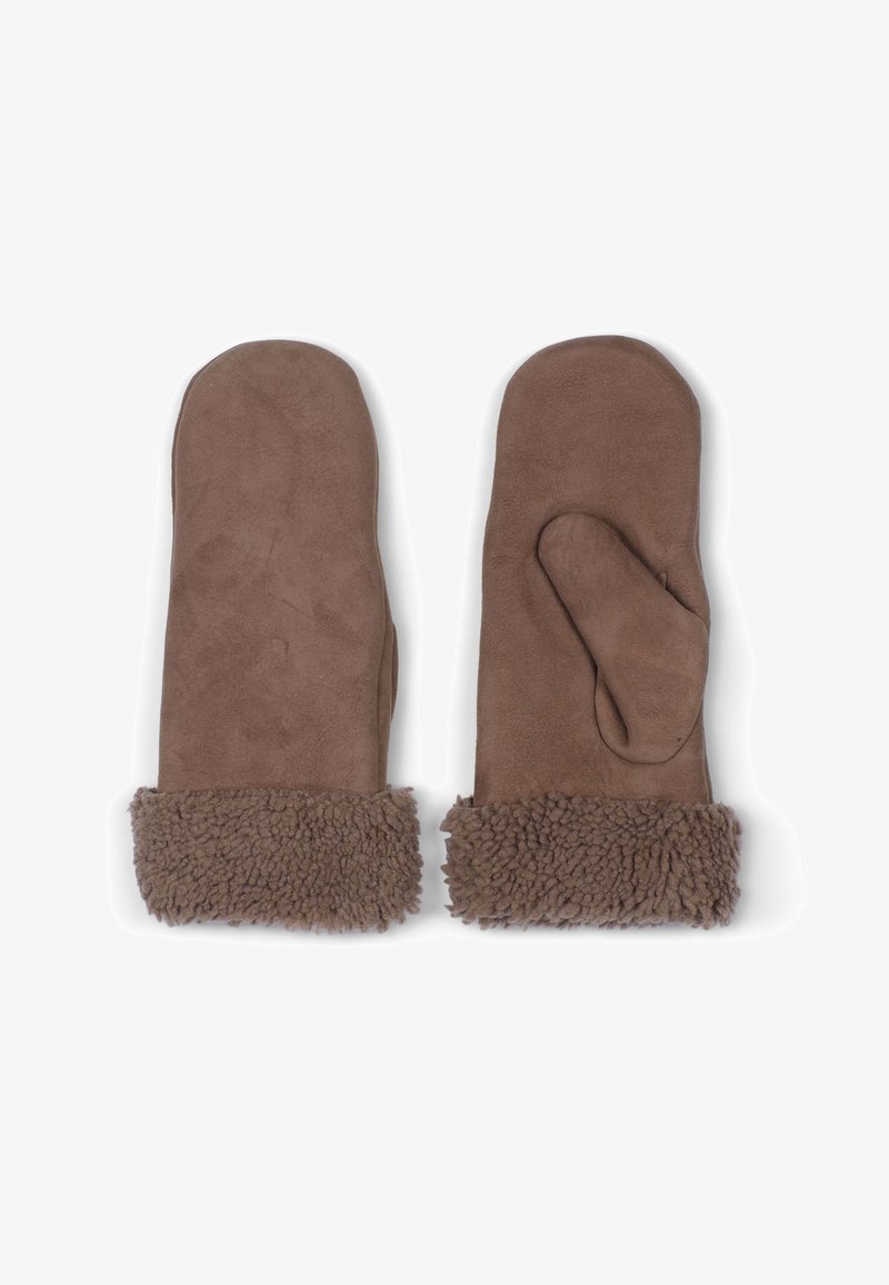 Brązowe rękawiczki z miękkiego zamszu z teksturowanym, futrzanym mankietem, z oddzielną sekcją na kciuk, co zwiększa zręczność.