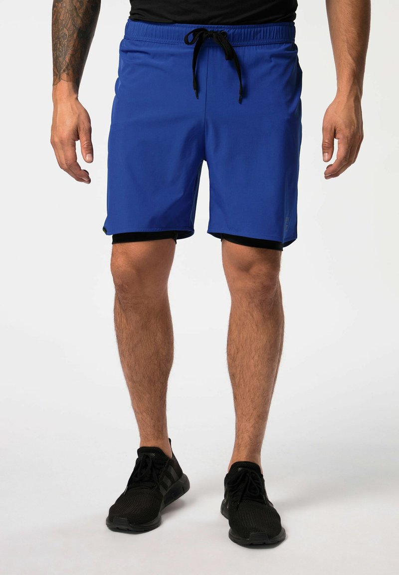Shorts de sport pour homme en bleu avec une taille élastique et un cordon de serrage noir. Comprend deux poches latérales et une bordure contrastante noire.
