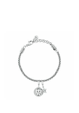 Bracciale a catena in argento con pendente teschio su disco rotondo e piccolo charm a stella con pietra trasparente, chiusura a moschettone e maglie regolabili.