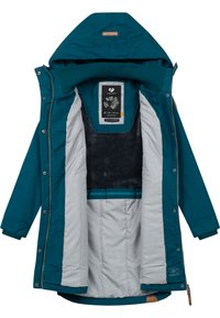 Teal outer shell jacket with a zip and snap closure, featuring a grey inner lining and a fleece panel on the interior. Includes a hood.