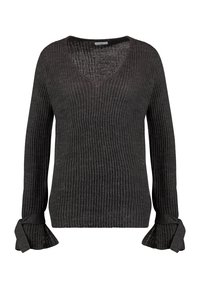 Pull en maille gris foncé avec col en V et manches longues, présentant une texture côtelée et des poignets évasés. Design léger et décontracté.