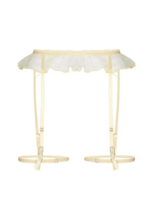 Durchscheinender blassgelber Spitzen-Strumpfhalter mit Rüschensaum und verstellbaren Trägern, kombiniert mit passenden Oberschenkelbändern für Dessous.