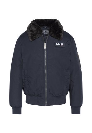 Marineblauer Bomberjacke mit einem Kunstpelzkragen, Frontreißverschluss, Seitentaschen, gerippten Bündchen und Saum; verfügt über ein Schott-Logopatch auf der Brust.