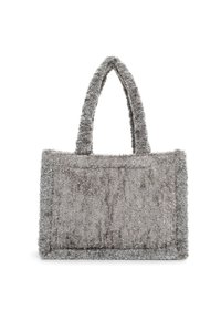 Borsa a spalla grigia con tessuto texturizzato e peloso, forma rettangolare e due manici corti. Nessun hardware visibile o decorazioni aggiuntive.