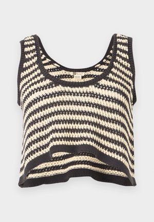 Sort-hvitt stripete strikket ermeløs croppet topp med rund hals og teksturert mønster.