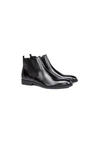 Stivali alla caviglia in pelle nera con un design elegante, pannelli laterali elastici, punta rotonda e sottili dettagli testurizzati sul tallone.