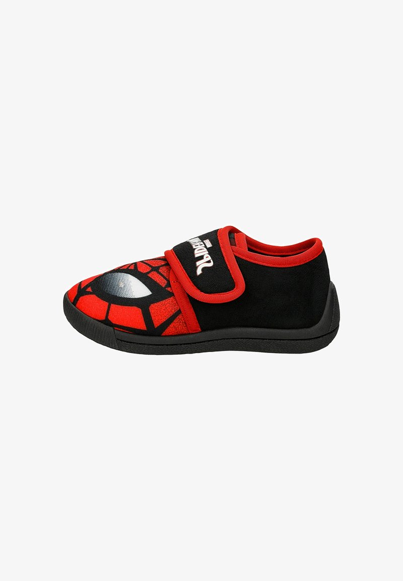 Scarpe per bambini rosse e nere con design di Spider-Man, dotate di una fascia in Velcro, materiale morbido, punta rotonda e suola testurizzata.