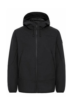 Chaqueta con capucha negra en material soft-shell. Cuenta con un cierre frontal, dos bolsillos laterales y cordones ajustables en la capucha.