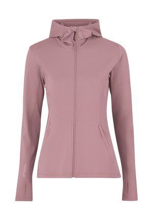 Helle pinke Jacke aus weichem, elastischem Stoff mit einem Reißverschluss vorne, Kapuze und Taschen. Enthält verstärkte Nähte und Daumenlöcher.