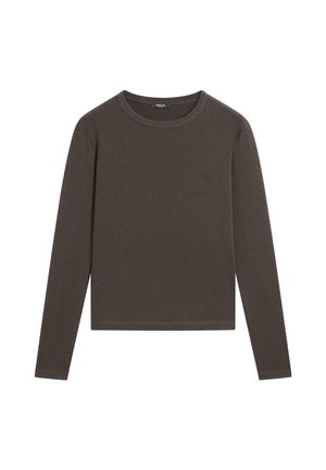 Camicia marrone a maniche lunghe realizzata in tessuto morbido. Presenta un collo rotondo, taglio dritto e cuciture sottili lungo l'orlo e le maniche.