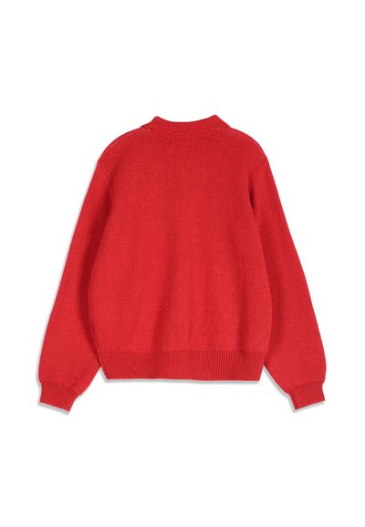 Pull rouge en maille à manches longues avec poignets, ourlet et col côtelés, vu de dos sur fond blanc.