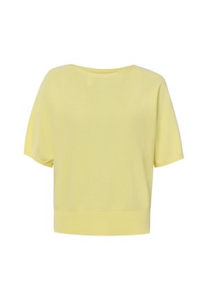 Lichtgele trui met korte mouwen, een ronde halslijn en geribde zoom, afgebeeld tegen een witte achtergrond.