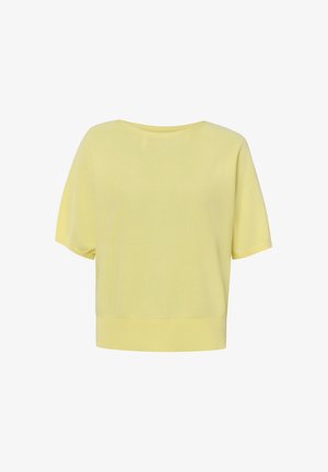 Hellgelber Kurzarmpullover mit rundem Ausschnitt und geripptem Saum, vor weißem Hintergrund dargestellt.