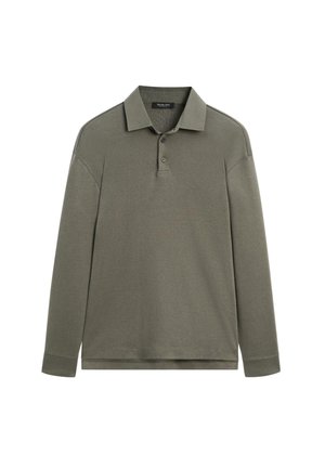 Langärmliges Polo-Shirt in Olivgrün, aus glattem Stoff mit Kragen und einer Dreiknopf-Leiste. Bequeme Passform und gerippte Bündchen.