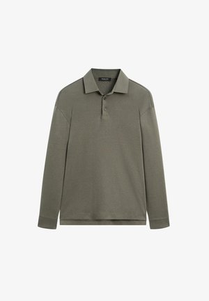 Langarm polo shirt in olijfgroen, gemaakt van een gladde stof met een kraag en een knoopsluiting met drie knopen. Heeft een relaxed fit en ribbelmanchetten.